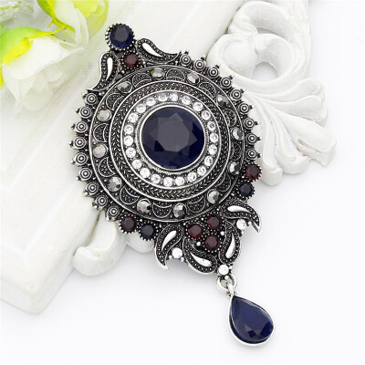 

Vintage Women Red Resin Round Water Drop Brooch Pin Women Antique Silver Color Flower Corsage Jewelry India Bride Hijab Badge