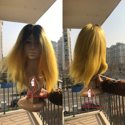 

Dark Roots yellow silky straight Ombre yellow color human hair Full Lace Wigs ombre Lace Front wig on sale