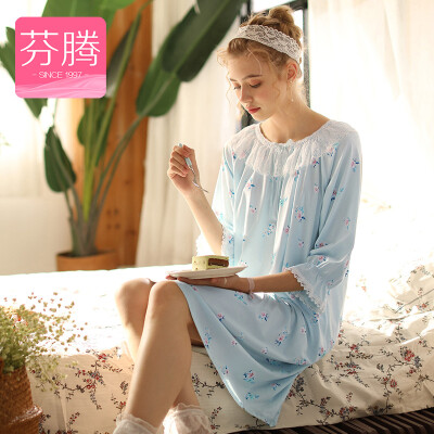

Fenteng pajamas women 2018 spring new pastoral beautiful home service womens lace fresh dream print comfortable nightdress ladies sleeve skirt J8910536 water blue