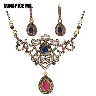 

SUNSPICE MS. Vintage Турецкие женщины цветок ожерелье мотаться серьги смолы ювелирные изделия устанавливает античный золото индийс