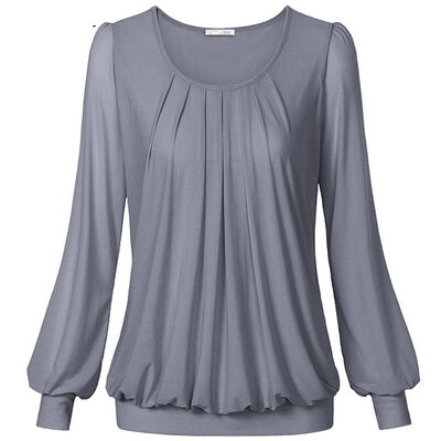 

Women TShirt Long Sleeve O-Neck Front Pleated Pullover Candy Color Scoop Crew Pleated Stretch Slim T-shirts Femme Plus Size Tops