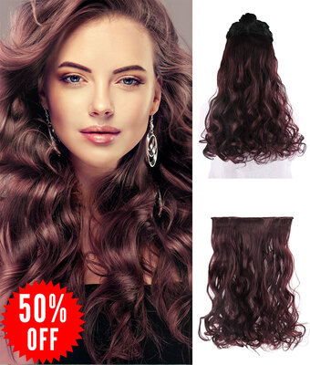 

Rhyme 20" 34 Wine Red Full Head One Piece Curly Wave Hair Extensions 5clips Clips in Synthetic Wig Pieces for GirlWoman