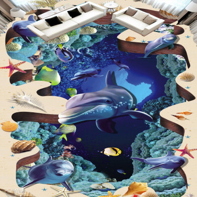 

Free shipping high quality picture sticker bathroom porch decoration Sea World Dolphin wear floor wallpaper mural 250cmx200cm