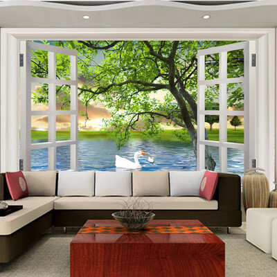 

Photo Wallpaper Modern Simple Outside Window Green Tree River Swan Nature Landscape 3D Stereo Mural Living Room Papel De Parede