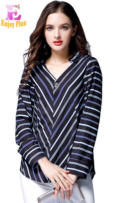 

XL XXL 3XL 4XL 5XL plus size office autumn 2017 blouse women long sleeve big size blue striped tops v neck loose elegant lady