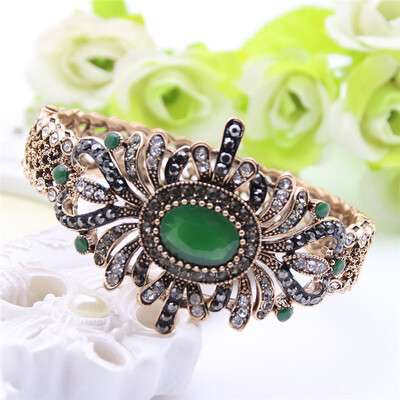 

Exquisite Turkish Women Antique Gold Color Bangle&Bracelet Resin Rhinestone Jewelry Bangles Hollow Flower Pulseirsa Feminino