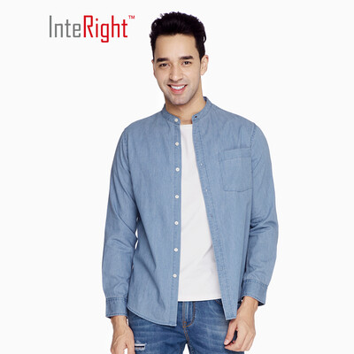 

INTERIGHT casual shirt male oxford stand collar denim long sleeve shirt light blue
