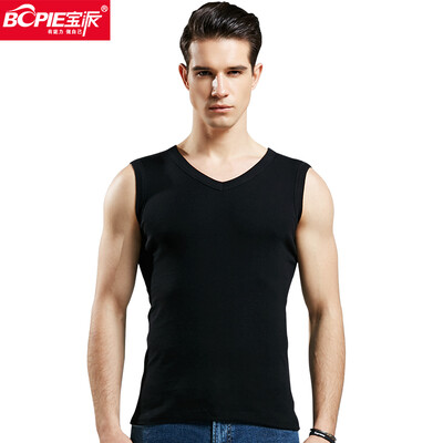 

Bao Pai BOPIE mens vest mens cotton wide shoulder fitness vest Slim bottoming shirt 8019 black V-neck  180105