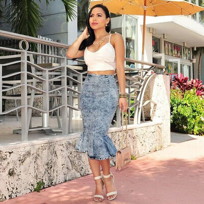 

Lovaru ™summer style 2015 New Summer casual Women Fashion Vintage Denim Skirts Solid High Waisted Trumpet Mid-Calf Skirt