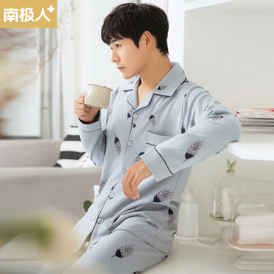 

Antarctic Mens Pajamas Autumn Cotton Fashion Print Feather Long Sleeve Cardigan Lapel Casual Home Wear Set 100-7127 Blue XL Code