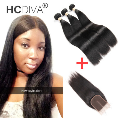 

HCDIVA Mongolian Virgin Human Hair Straight Bundles with Lace Closure 44 inch Baby Hair Mongolian 3 Bundle a Hair&Closure