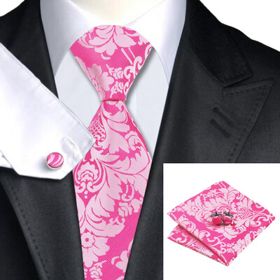 

N-0767 Vogue Men Silk Tie Set Pink Floral Necktie Handkerchief Cufflinks Set Ties For Men Formal Wedding Business wholesale