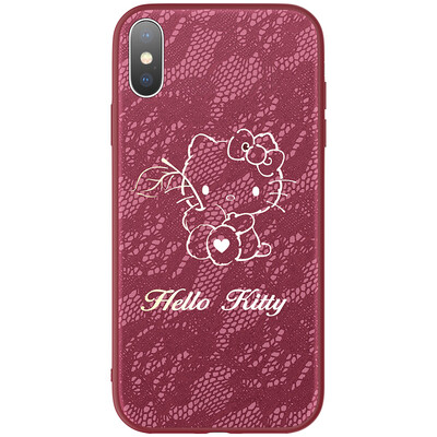 

Hello Kitty Apple iPhoneX Mobile Shell Apple 10 Cartoon Cover All-inclusive Creative lace Soft Shell Wine Red