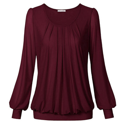 

Women TShirt Long Sleeve O-Neck Front Pleated Pullover Candy Color Scoop Crew Pleated Stretch Slim T-shirts Femme Plus Size Tops