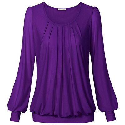 

Women TShirt Long Sleeve O-Neck Front Pleated Pullover Candy Color Scoop Crew Pleated Stretch Slim T-shirts Femme Plus Size Tops