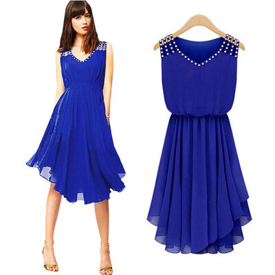 

Lovaru ™women new summer dress casual fashion slim sleeveless pleated v neck chiffon diamond strap irregular dress