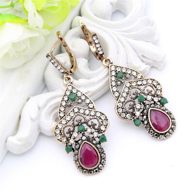 

Vintage Turkish Women Hollow Flower Resin Arabesque Long Hook Earring Antique Gold Color Blue Crytal Jewelry India Bridal Bijoux