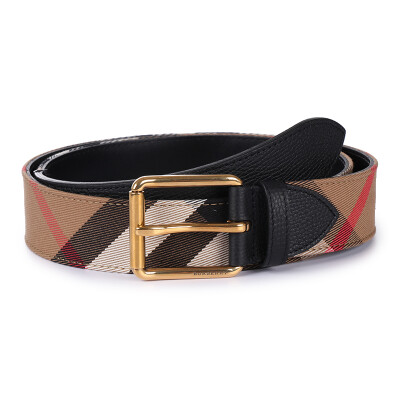 

BURBERRY Burberry Mens Black Fabric with Leather Plaid Gold Old-fashioned Buckle Belt Belt 40414281 110