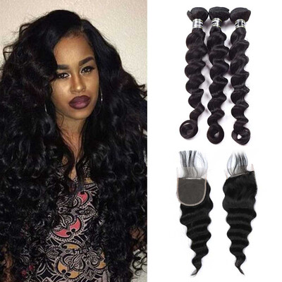 

7A Brazilian Virgin Hair 3 Bundles Loose Wave with Closure Human Hair Weave with Lace Closure 4x4 Soft and Bouncy 1B Color