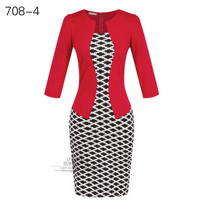 

Women Work Dress Longsleeve Spring new European station grid Pencil Skirt fake two Professional dress L13