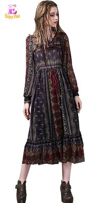 

M L High Quality chest 87-95cm chiffon vintage new autumn 2017 print long women dress long sleeve ankle length v neck a line