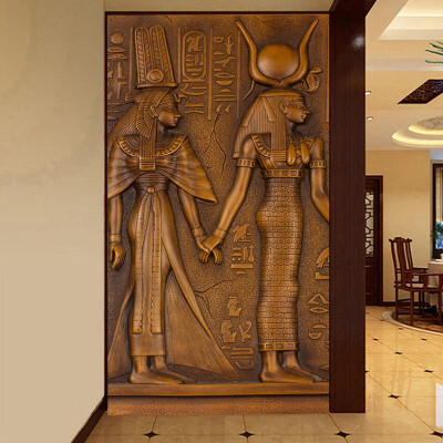 

European Style Vintage Egyptian King Queen Sculpture 3D Embossed Photo Mural Wallpaper Hotel Hall Living Room Entrance Wallpaper