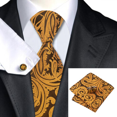 

N-0988 Vogue Men Silk Tie Set Yellow Paisley Necktie Handkerchief Cufflinks Set Ties For Men Formal Wedding Business wholesale