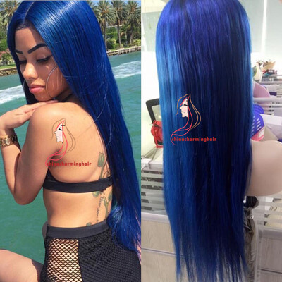 

Brazilian Virgin Human Hair blue Lace Front Wig 130% Density Top Quality blue hair Glueless Lace Wig