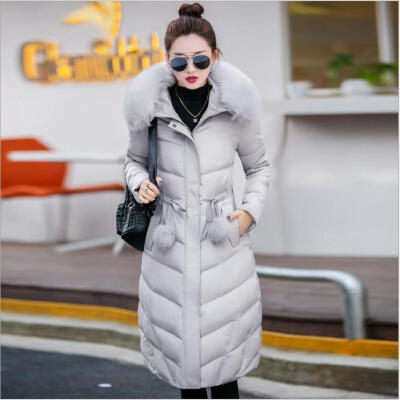 

2018 winter duck coat female long coat thickened female warm rabbit fur collar high quality hooded waist ball hair