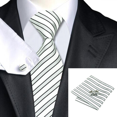 

N-0428 Vogue Men Silk Tie Set White Stripe Necktie Handkerchief Cufflinks Set Ties For Men Formal Wedding Business wholesale
