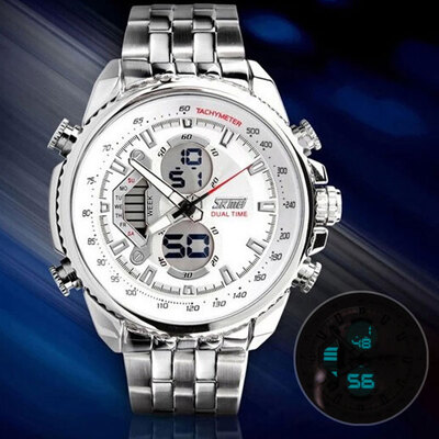 

SKMEI Mens Dress Watch Fashion Watch Wrist watch Digital Stainless Steel Band Silver Multifunctional waterproof double movement