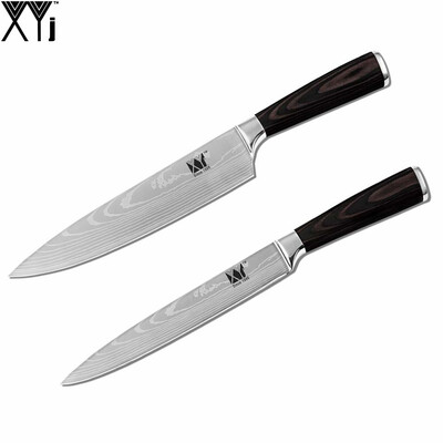 

XYj Brand High Quality Stainless Steel Knife Color Wood Handle Flowing Sand Pattern Blade Kitchen Knives 2 Pcs Set Cooking Tool