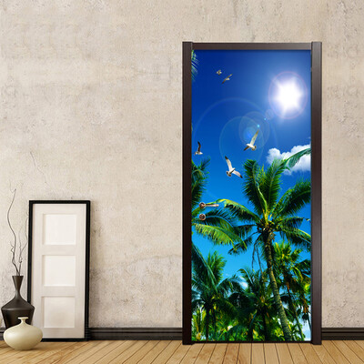 

Blue Sky Coconut Palm Photo Wallpaper Living Room Bedroom Home Decor Door Mural PVC Self Adhesive Waterproof Sticker 77cmx200cm