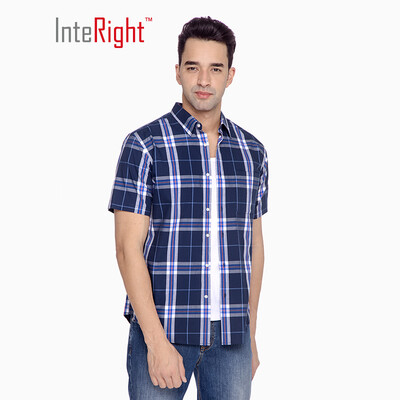 

INTERIGHT Shirt Mens Cotton Checkered Casual Shirt Short Sleeve Blue M 39