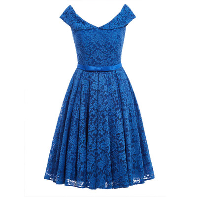 

CAZDZY Ribbons A-Line Lace Off-the-Shoulder Knee-Length Cocktail Dress