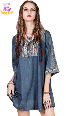 

L High Quality chest 99-103cm vintage cotton autumn 2017 blue mini jeans dress women flare sleeve denim embroidery v neck
