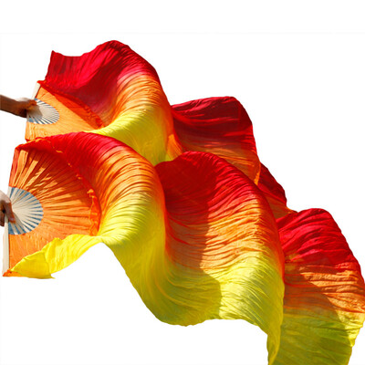 

1 Pair Dance Fans Bamboo Ribs Natural Silk Stage Performance Props Dye Fans Belly Dance Silk Fans RedOrangeYellow stripe