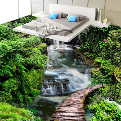 

Free Shipping Rock Waterfall Wooden Bridge 3D Floor painting hotel restaurant office non-slip Floor wallpaper mural 250cmx200cm
