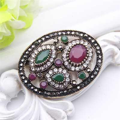 

Vintage Turkish Round Resin Flower Brooch Pin For Women Antique Gold Color Corsage Royal Rhinestone Jewelry Ladies Hijab Pins