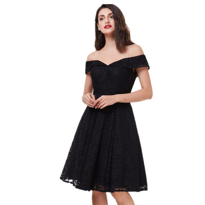 

CAZDZY Ribbons A-Line Lace Off-the-Shoulder Knee-Length Cocktail Dress