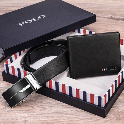

POLO wallet belt gift box set first layer leather short wallet automatic buckle leather belt black buckle black belt cross wallet