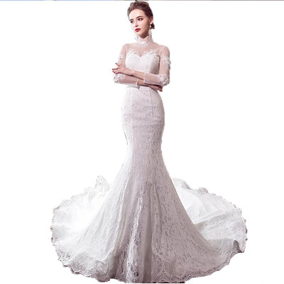 

Embroidery Illusion Poet Sleeves Lace Mermaid Fishtail Wedding Gown