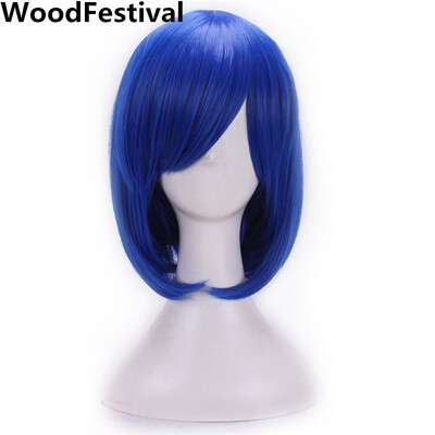 

WoodFestival women synthetic wig cosplay hair heat resistant blonde red blue purple straight short bob wigs with bangs black