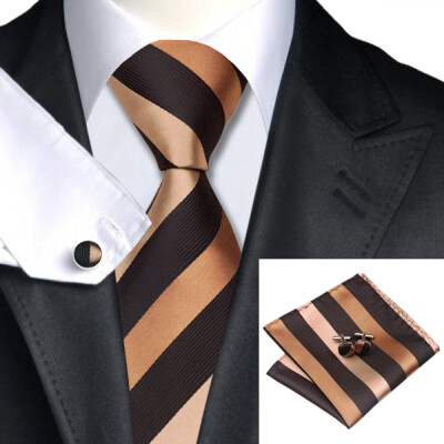 

N-0585 Vogue Men Silk Tie Set Black Stripes Necktie Handkerchief Cufflinks Set Ties For Men Formal Wedding Business wholesale