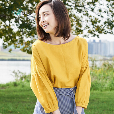 

INMAN literary art two long sleeves V-neck cotton&linen pullover shirt female 18810VP11064 apricot yellow