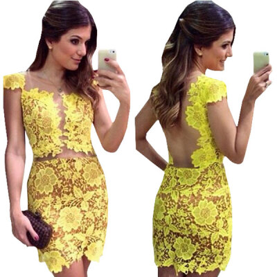 

Lovaru ™New 2015 fashion Lilytown Round Neck Open Back Backless Yellow lace Slim Fit mini dress Women's Popular Fashion Dress