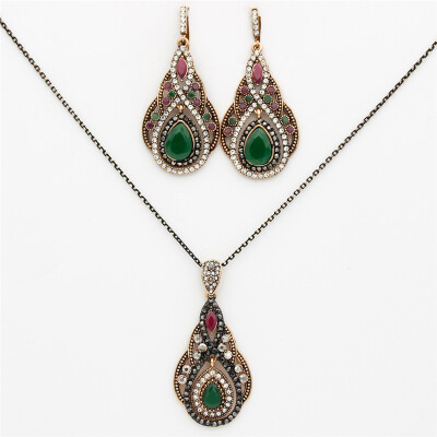 

Vintage Turkish Women Long Hook Dangle Earring Water Drop Pendant Necklace Jewelry Sets Antique Gold Color Resin Ethnic Bijoux