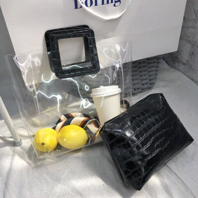 

2018 New Stype Fashion All-Match Mother's Day Presents Women PVC Clear Bag Summer Beach Jelly Handbag With Crocodile Grain Hand