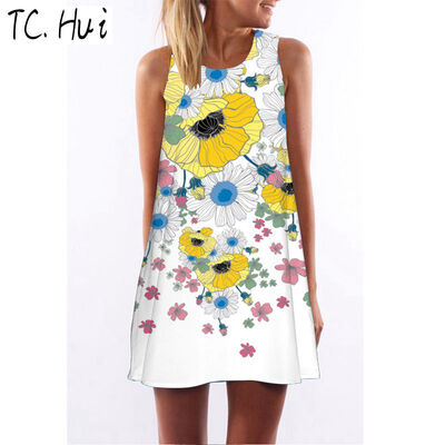 

2018 Fashion Women Loose Summer Dress 3D Floral Print Creative Beach Dress Bohemian Sweet Mini Dress