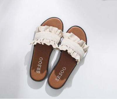

2018 new summer fungus lace design word slippers literary temperament flat with female sandals